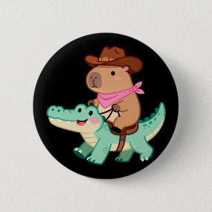 Badge Rond 5 Cm Charmant Capybara Cowboy Chevauchant un Alligator