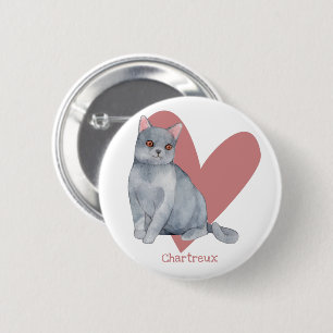 Badge Rond 5 Cm Chartreux Chat Aquarelle Kitty Pink Heart Button