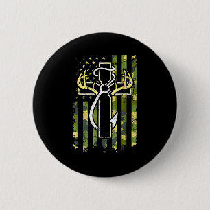 Badge Rond 5 Cm Chasse Pêche Foi Croix Cerf Bois Américain