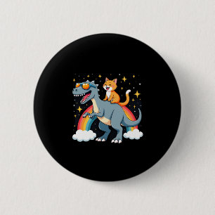 Badge Rond 5 Cm Chat à cheval sur un dinosaure T-Rex Kitten Arc-en