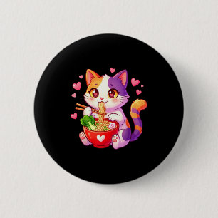 Badge Rond 5 Cm Chat Anime Mangeant des Nouilles Ramen Avec des Cœ