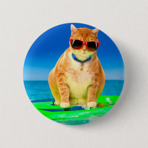 Badge Rond 5 Cm Chat avec lunettes de soleil surfant dans l'océan