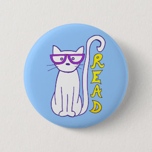 Badge Rond 5 Cm Chat blanc avec lunettes violettes avec panneau de