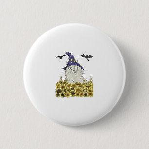 Badge Rond 5 Cm Chat Blanc Drôle en Chapeau de Sorcière Vintage Ha