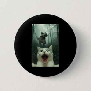 Badge Rond 5 Cm Chat blanc drôle selfie avec T-rex dinosaure, chat