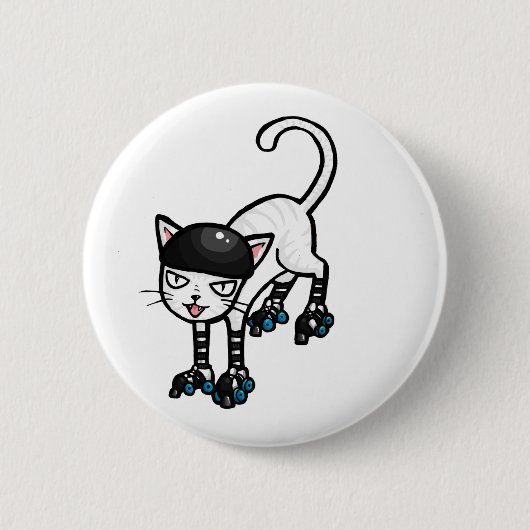 Badge Rond 5 Cm Chat blanc sur des rollerskates (Devant)