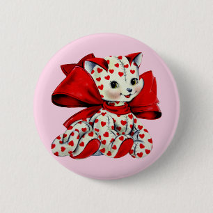 Badge Rond 5 Cm Chat chaton blanc avec le coeur Vintage Valentines