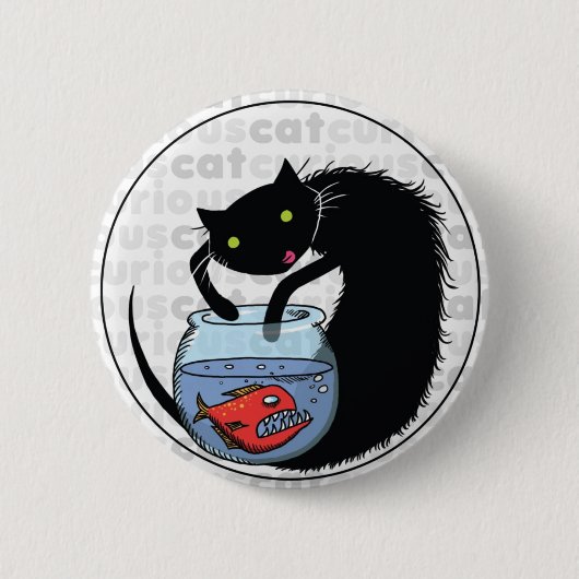 Badge Rond 5 Cm Chat curieux avec le piranha (Devant)