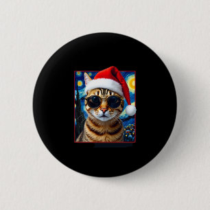 Badge Rond 5 Cm Chat de Noël orange tabby nuit étoilée