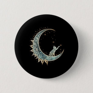 Badge Rond 5 Cm Chat D'Esthétique Mystique Assis Sur Crescent Moon