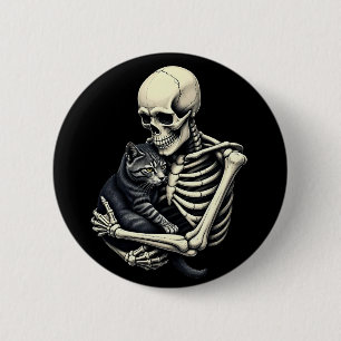 Badge Rond 5 Cm Chat drôle de Halloween qui étreint un squelette p