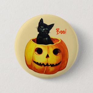 Badge Rond 5 Cm Chat en Citrouille Bouton d'Halloween Vintage