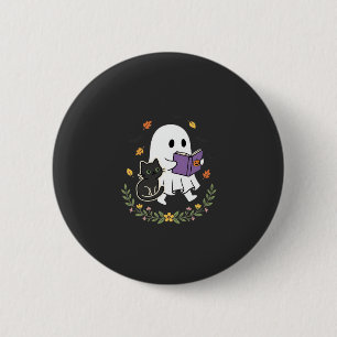 Badge Rond 5 Cm Chat fantôme d'Halloween lisant un livre floral De