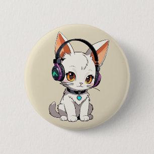 Badge Rond 5 Cm Chat Kawaii Adorable avec Écouteurs