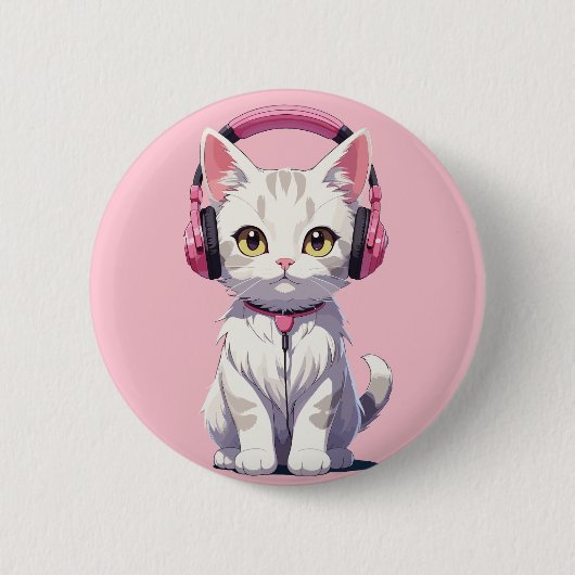Badge Rond 5 Cm Chat Kawaii avec Casque (Devant)