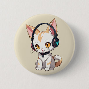 Badge Rond 5 Cm Chat Kawaii avec casque à balancier