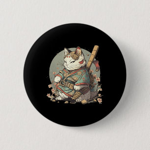 Badge Rond 5 Cm Chat Kawaii Style Samurai Anime Kitten japonais