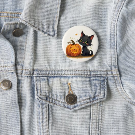 Badge Rond 5 Cm Chat mignon avec Citrouille sculpté (En situation)