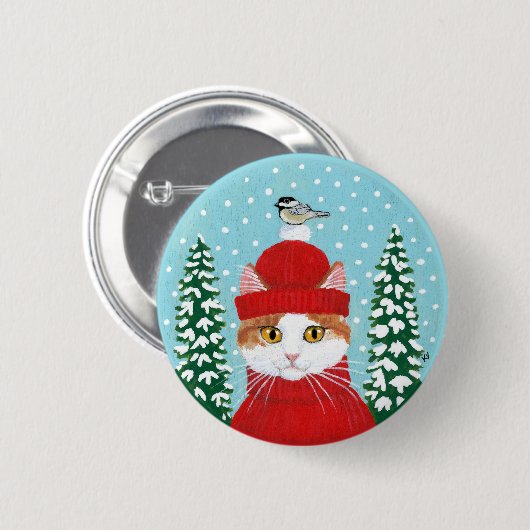 Badge Rond 5 Cm Chat mignon, oiseau hiver neige bouton (Devant & derrière)