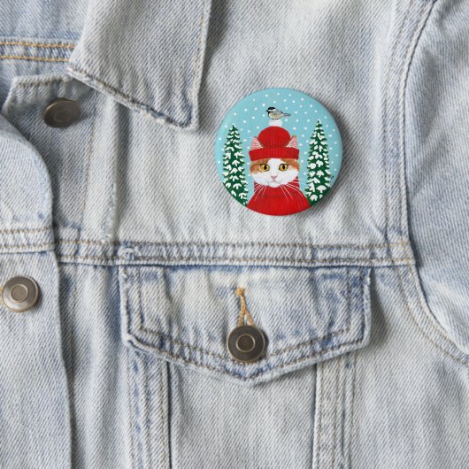 Badge Rond 5 Cm Chat mignon, oiseau hiver neige bouton (En situation)