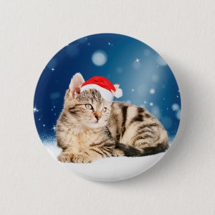 Badge Rond 5 Cm Chat mignon portant chapeau de Noël rouge neige