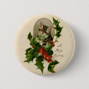 Badge Rond 5 Cm Chat Noël Joyau Holly Kitten Art antique
