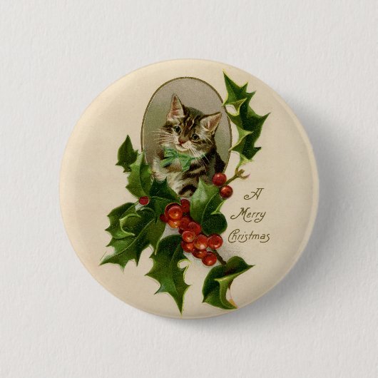Badge Rond 5 Cm Chat Noël Joyau Holly Kitten Art antique (Devant)