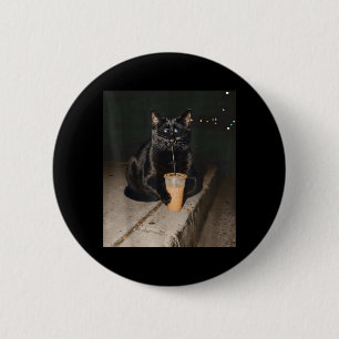 Badge Rond 5 Cm Chat Noir Buvant du Café Glacé Amateur de Chat Drô