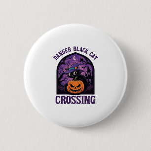 Badge Rond 5 Cm Chat noir danger traversant citrouille d'Halloween