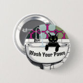 Badge Rond 5 Cm Chat noir dans un évier, Lave-linge, pattes de lav (Devant & derrière)
