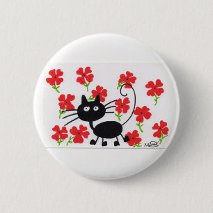 Badge Rond 5 Cm Chat noir de bande dessinée et fleurs rouges