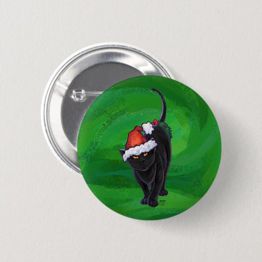 Badge Rond 5 Cm Chat noir de Noël en vert (Devant & derrière)