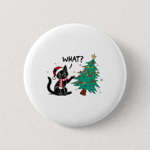 Badge Rond 5 Cm Chat Noir Drôle Poussant Arbre De Noël Sur Chat Wh