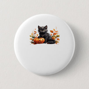 Badge Rond 5 Cm Chat noir et citrouille � Aquarelle mignonne Hallo