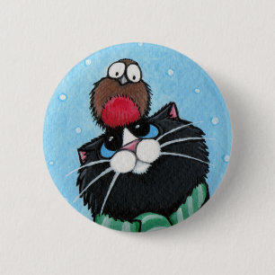 Badge Rond 5 Cm Chat noir et Robin - bouton d'art de chat de Noël