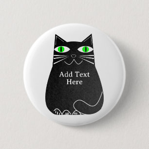 Badge Rond 5 Cm Chat noir gras avec yeux verts Texte personnalisé