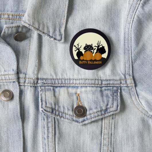 Badge Rond 5 Cm Chat noir Halloween avec Citrouilles dans un cimet (En situation)