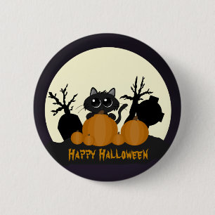 Badge Rond 5 Cm Chat noir Halloween avec Citrouilles dans un cimet