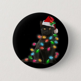 Badge Rond 5 Cm Chat Noir Lumière de Noël Amateur de Chats Noël