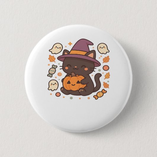 Badge Rond 5 Cm Chat noir mignon avec Casquette sorcier - Kawaii H (Devant)
