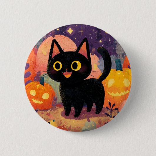 Badge Rond 5 Cm Chat noir mignon avec Jack-o’-Lanterns - Bouton (Devant)