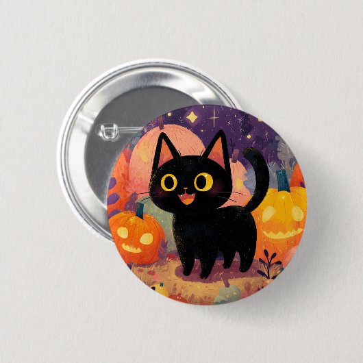 Badge Rond 5 Cm Chat noir mignon avec Jack-o’-Lanterns - Bouton (Devant & derrière)