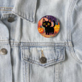 Badge Rond 5 Cm Chat noir mignon avec Jack-o’-Lanterns - Bouton (En situation)