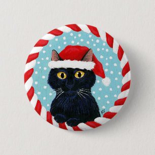 Badge Rond 5 Cm Chat noir mignon, bouton de neige de Noël d'hiver