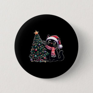 Badge Rond 5 Cm Chat noir mignon Kitten Santa Chapeau sapin de Noë