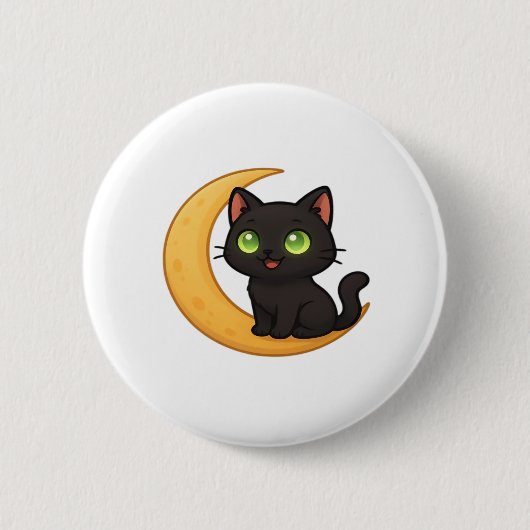 Badge Rond 5 Cm Chat noir souriant aux yeux verts brillants assis (Devant)
