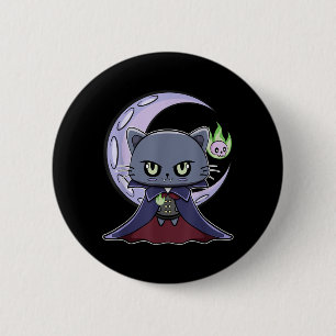 Badge Rond 5 Cm Chat noir vampire Dracula et feu magique pour
