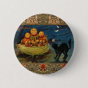 Badge Rond 5 Cm Chat noir vintage Halloween Citrouille