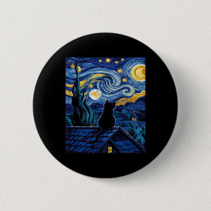 Badge Rond 5 Cm Chat Nuit Étoilée Van Gogh Chat Amateur d'Art Chat