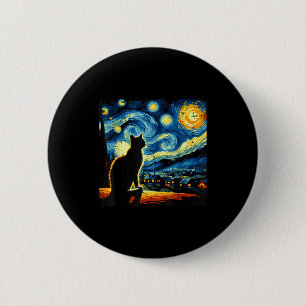 Badge Rond 5 Cm Chat Nuit Étoilée Van Gogh Peinture Féminin